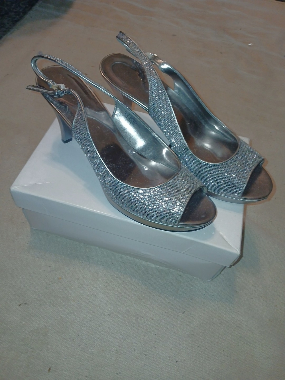 Nine West Silver Glitter Peep-Toe Slingback Heels